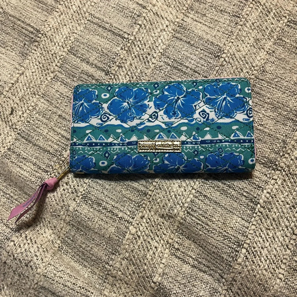 Simply Southern Blue Teal Floral Zip-Around Wallet with Pink Pull